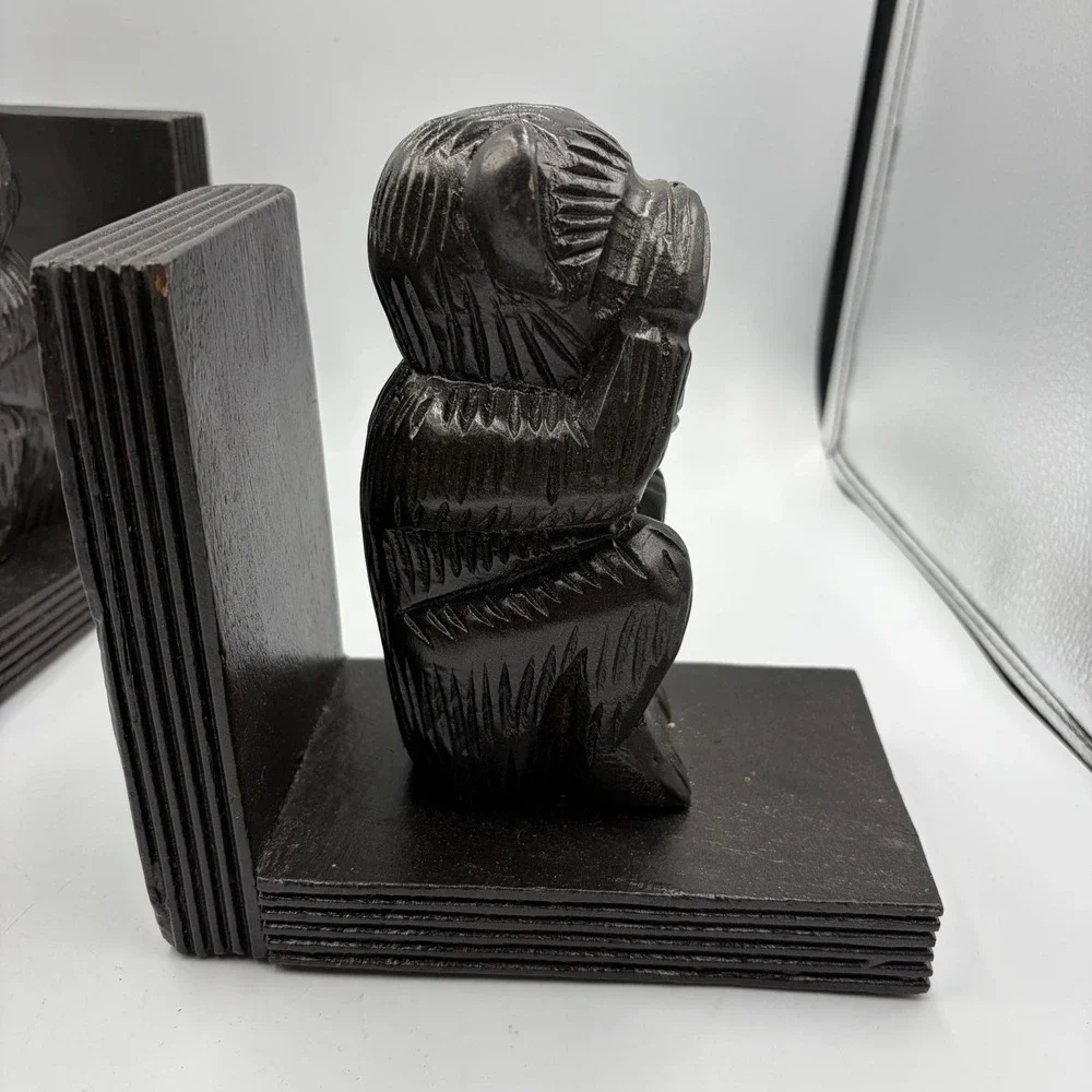 VTG Decorative See No Evil Hear No Evil Monkey Bookend Pair Carved ‎ Rustic MCM